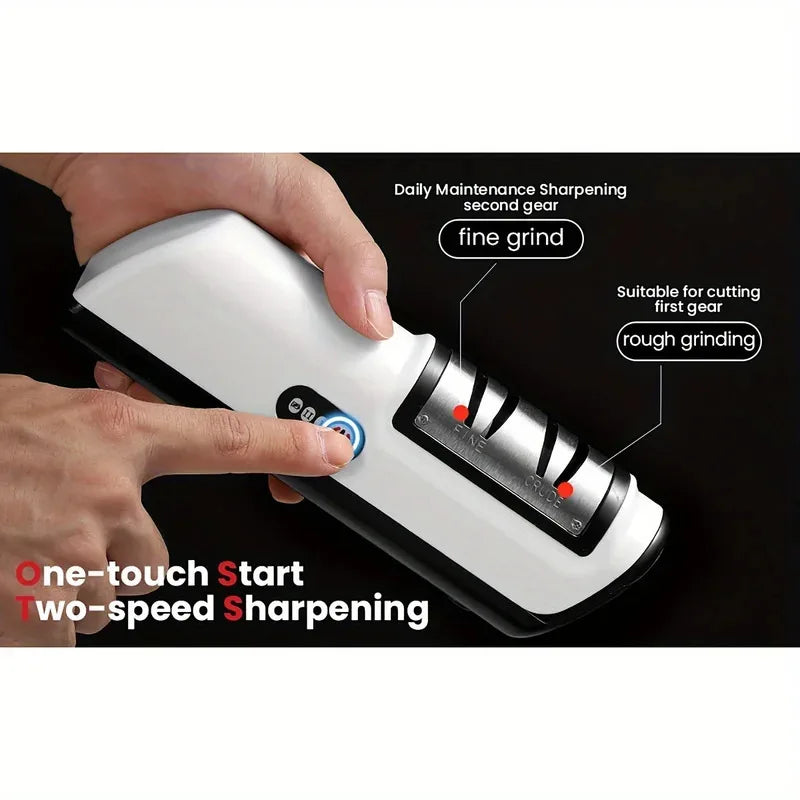 Knife sharpener with labeled features on a black background