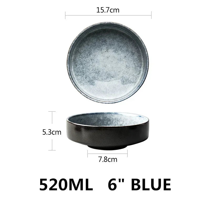 Blue ceramic bowl with dimensions and capacity details on a white background