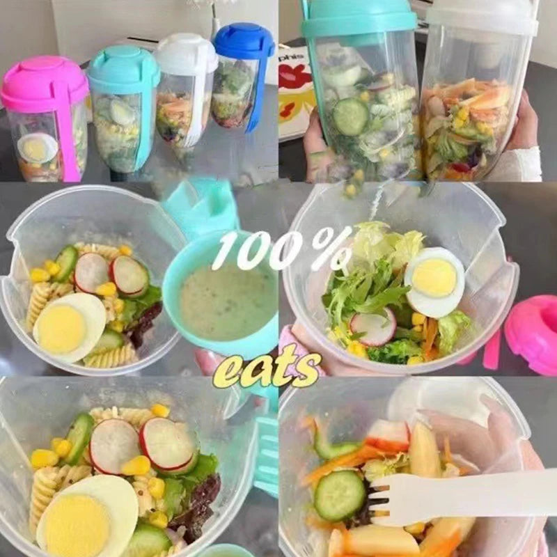 Collage of salad containers with various ingredients including eggs, vegetables, and pasta.