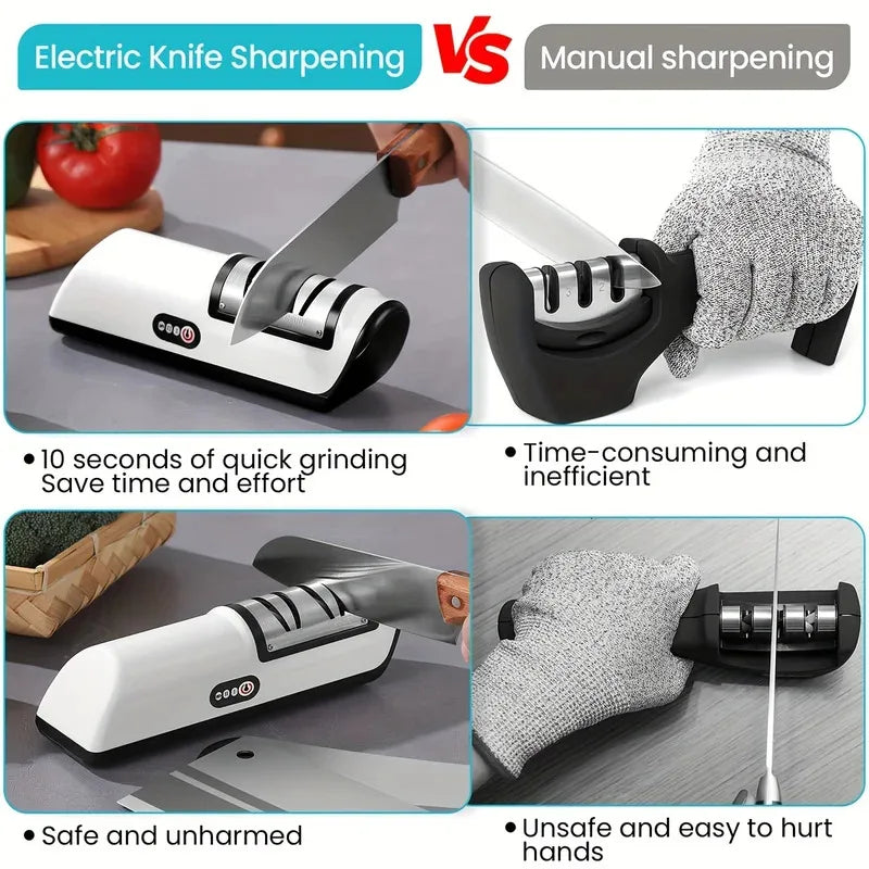 Comparison chart of electric knife sharpening vs manual sharpening with images and text.